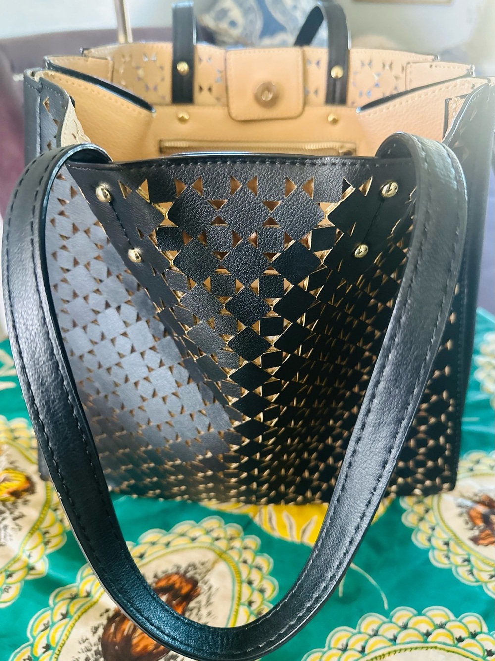 Ann Taylor Geometric Cutout Tote Bag Cream Black Metallic New Without Tags